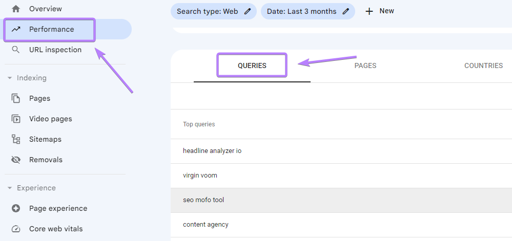 “Queries” section in Google Search Console