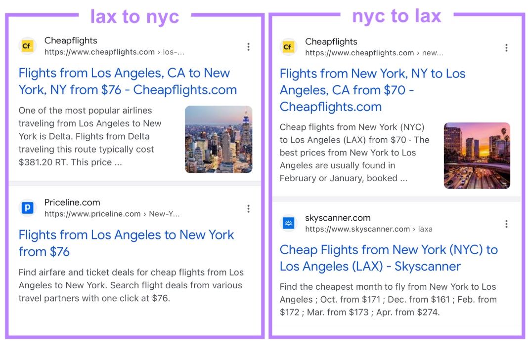 Google results for “lax to nyc” and “nyc to lax”