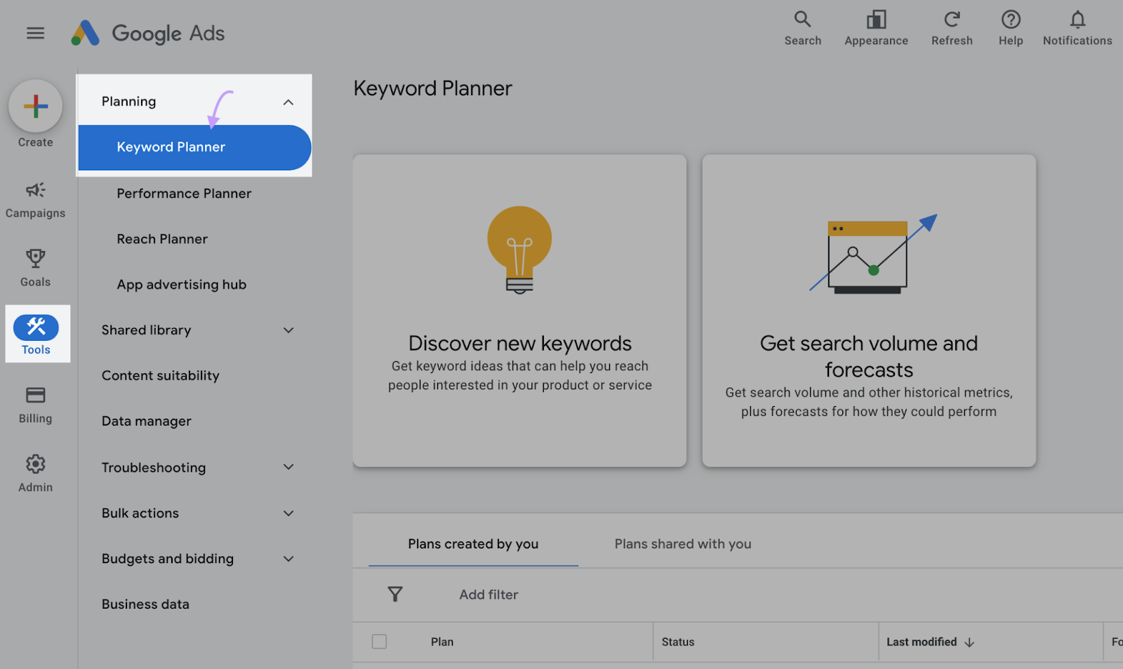 Google keyword planner instrumentality   dashboard showing the keyword planner button.