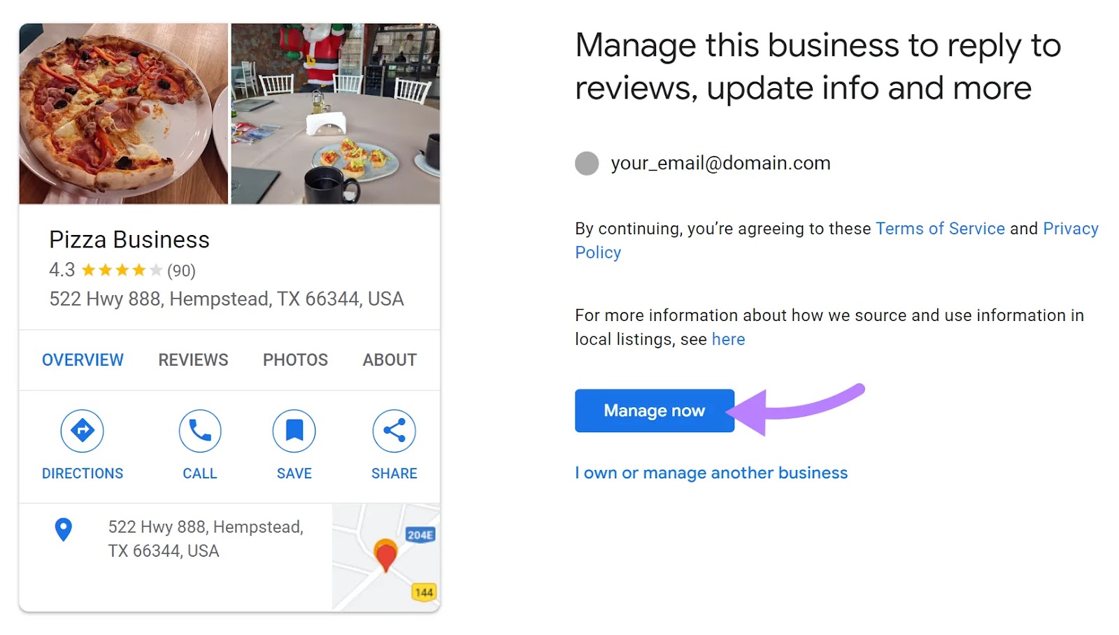 "Manage now" fastener  highlighted adjacent  to the "Pizza Business" successful  GBP page