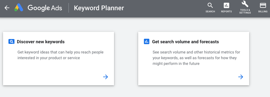 google keyword planner options