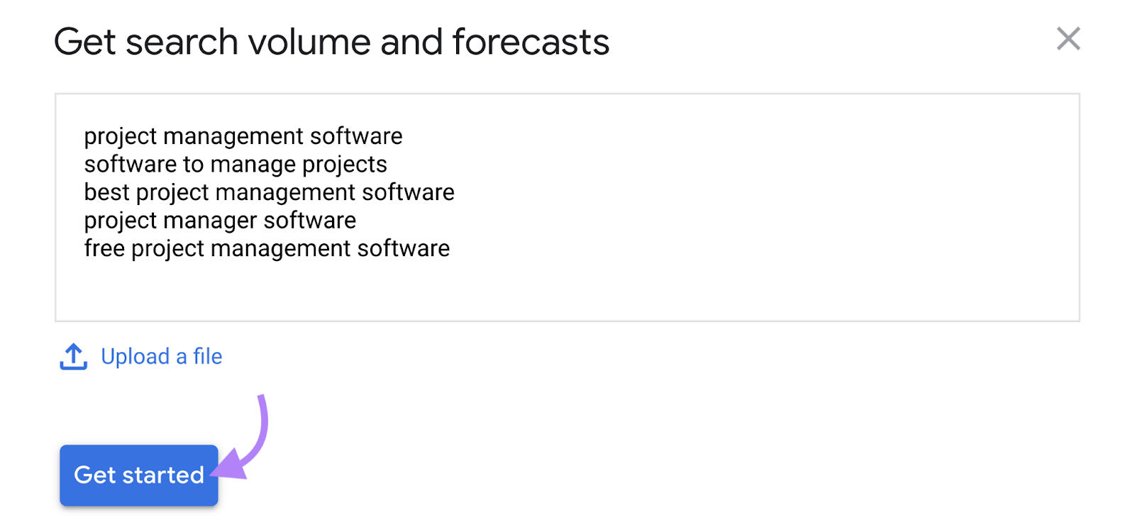"Get search volume and forecasts" window