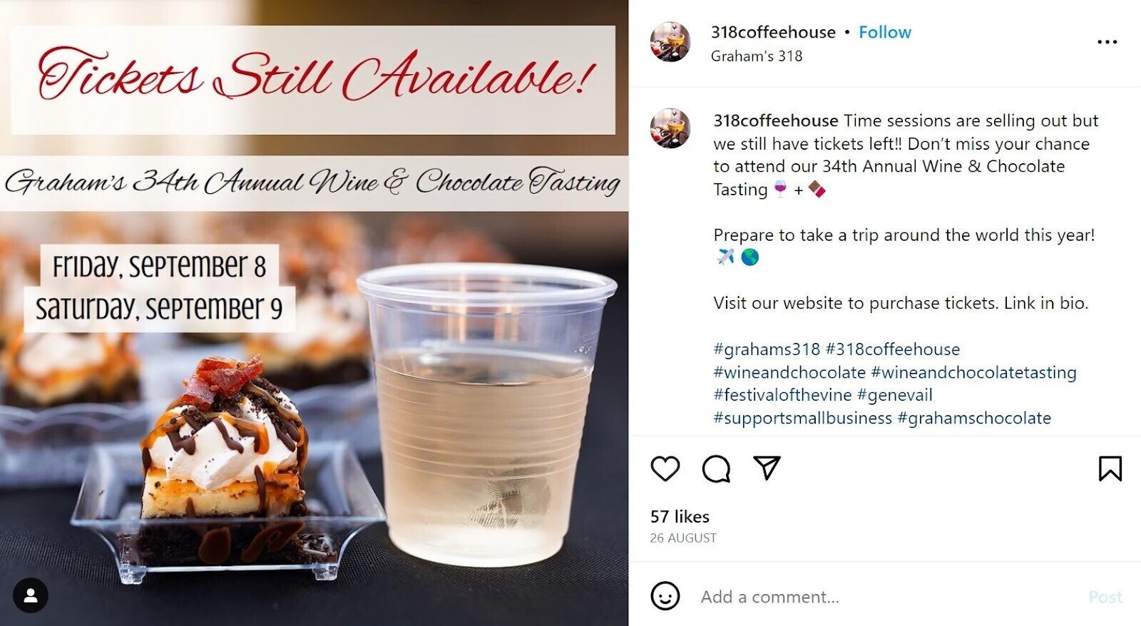"318coffeehouse" announces in Instagram post there are still tickets left for "34th Annual Wine & Chocolate Tasting" even