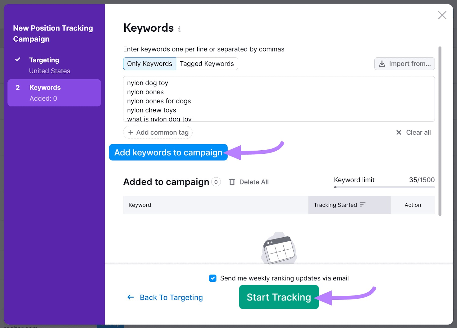 “Add keywords to campaign” and “Start Tracking” buttons highlighted in the "Keywords" box