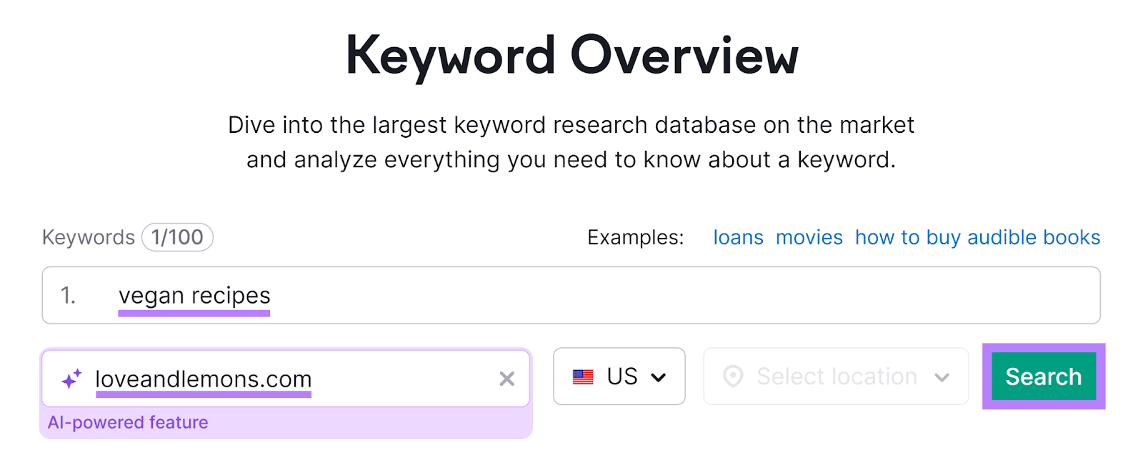 Semrush Keyword Overview tool start with keyword and domain entered and 'Search' button highlighted