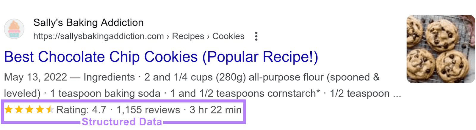 Google SERP showing a recipe for "Best Chocolate Chip Cookies" with structured data highlighted in purple.