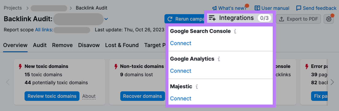 "Integrations" drop-down menu in Backlink Audit tool