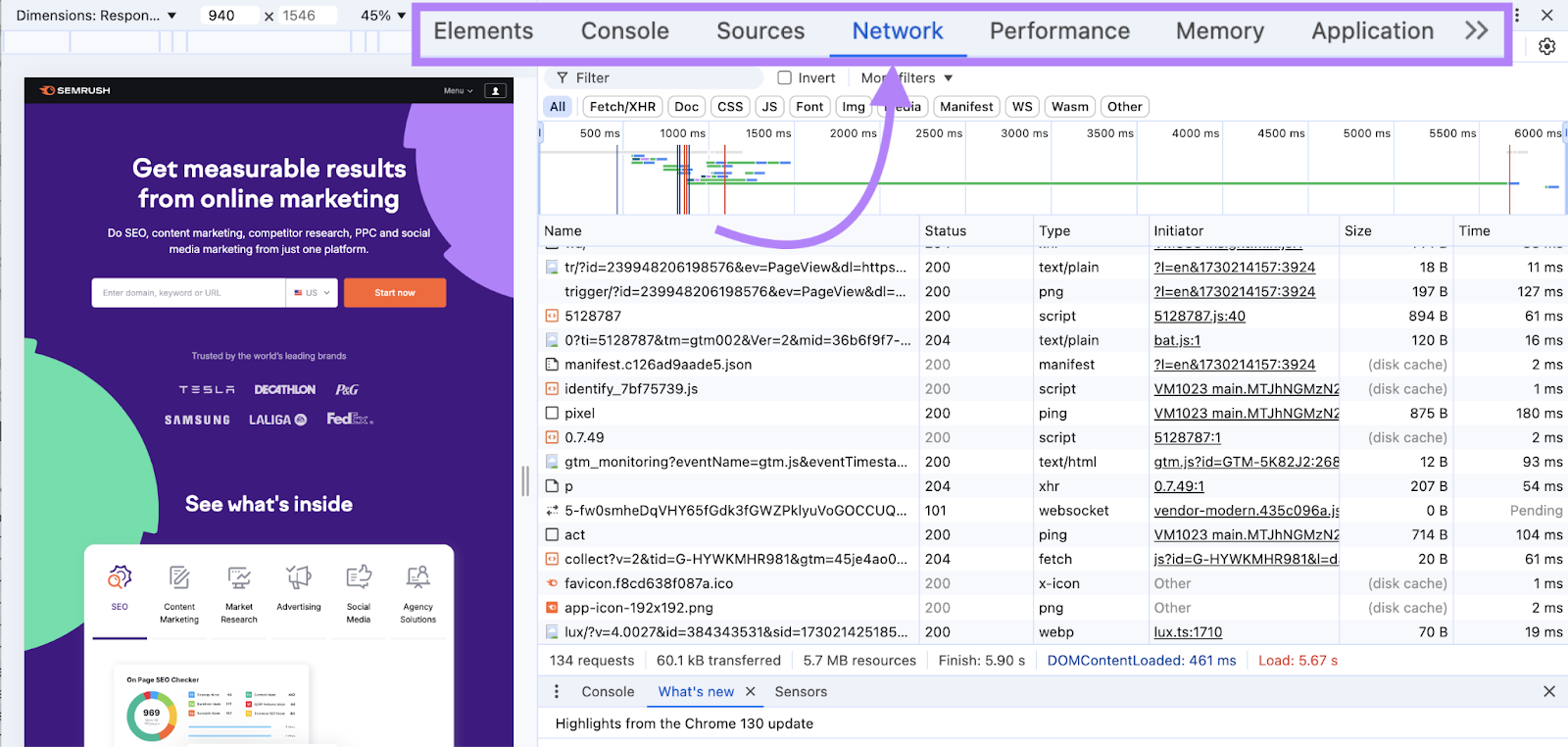 network tab highlighted in the top navigation