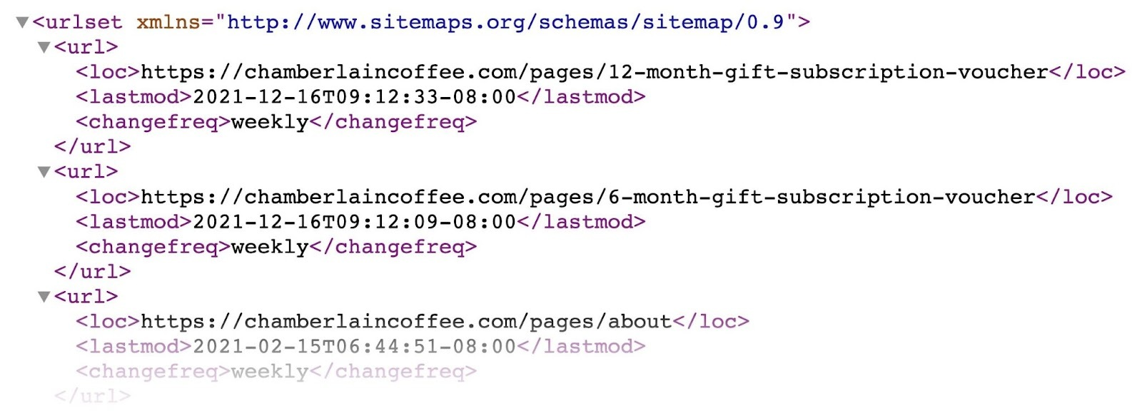 A section of an XML sitemap