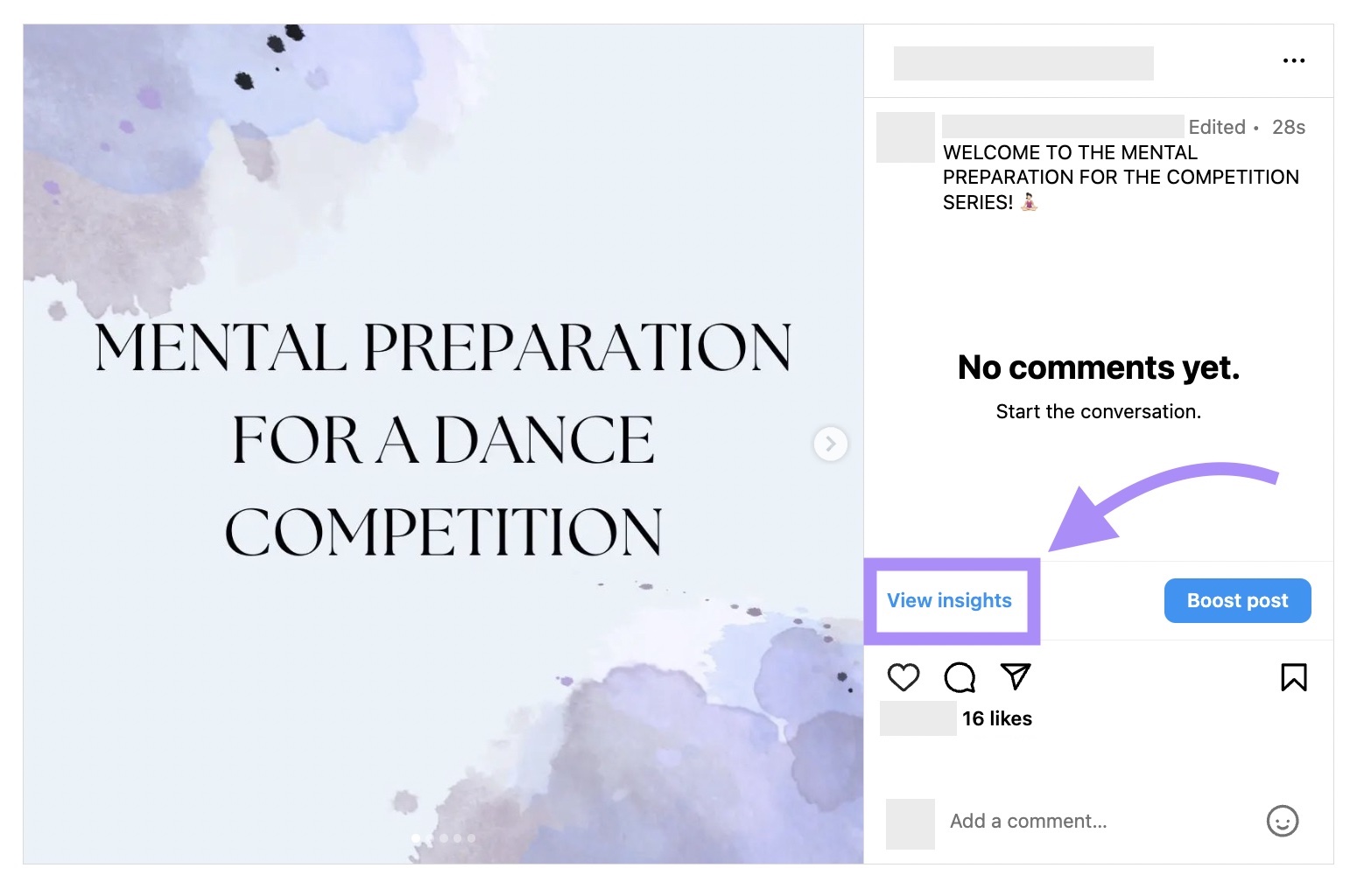 “View Insights” button highlighted on the right the post caption and comments
