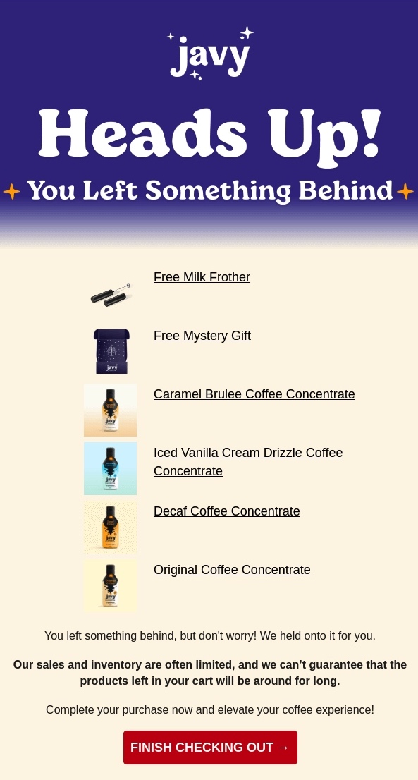 A cart abandonment email from, coffee brand, Javy encouraging users to complete their purchase.