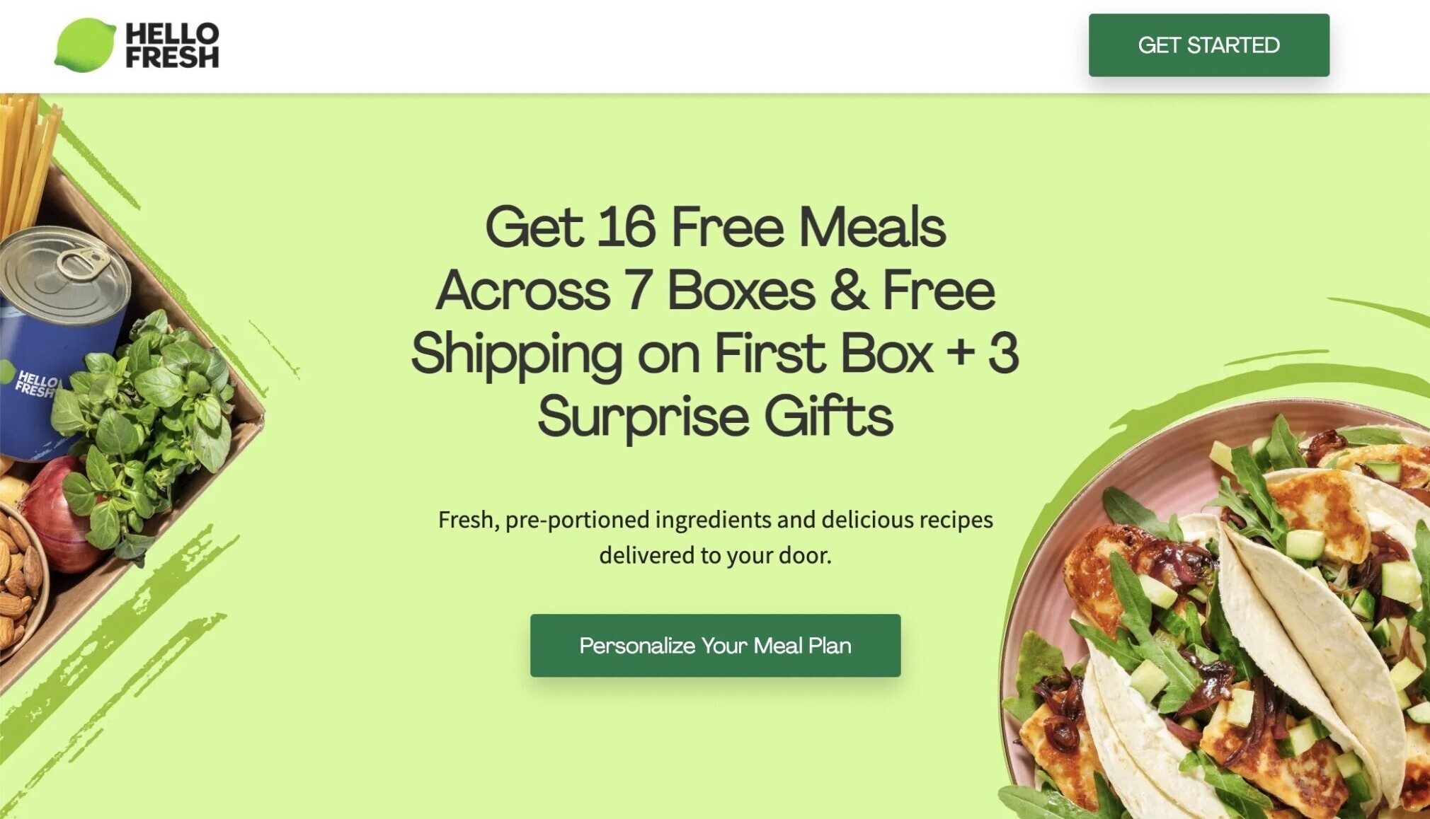 Hello Fresh's landing page with a taco dish and a box of ingredients