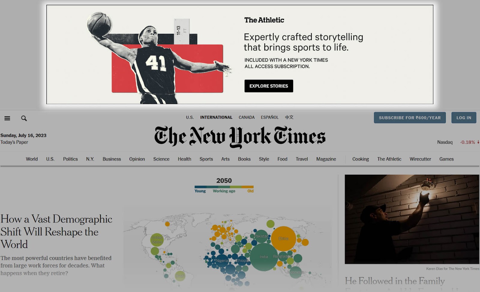 A banner advertisement  connected  The New York Times homepage