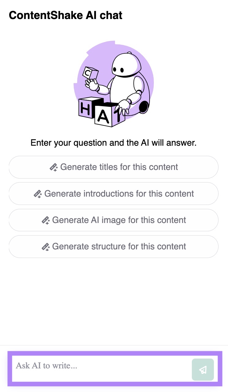 ContentShake AI chat window showing different options like "Generate titles for this content," Generate introductions for this content," "Generate AI image for this content," and Generate structure for this content." "Ask AI to write" input box highlighted.