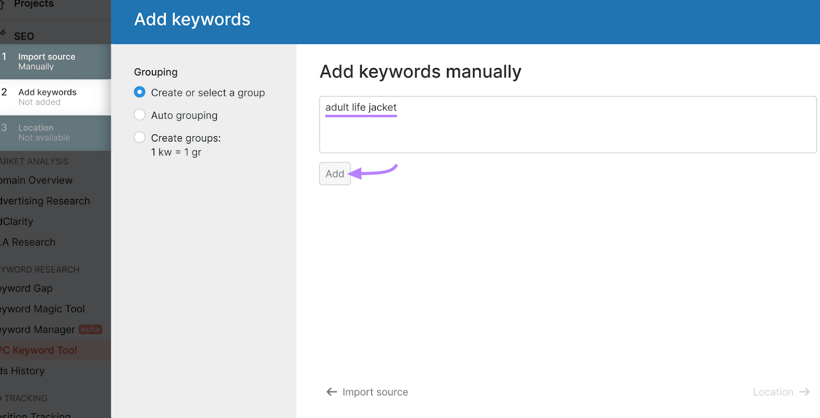 Tool with a text input field with the keyword "adult life jacket" and an "Add" button with a purple arrow pointing to it.