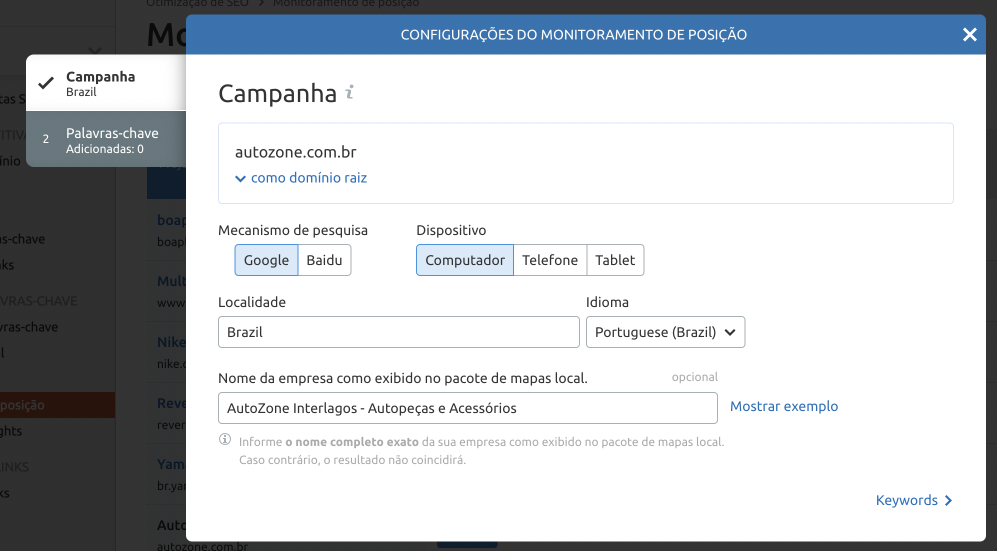configuração do site audit