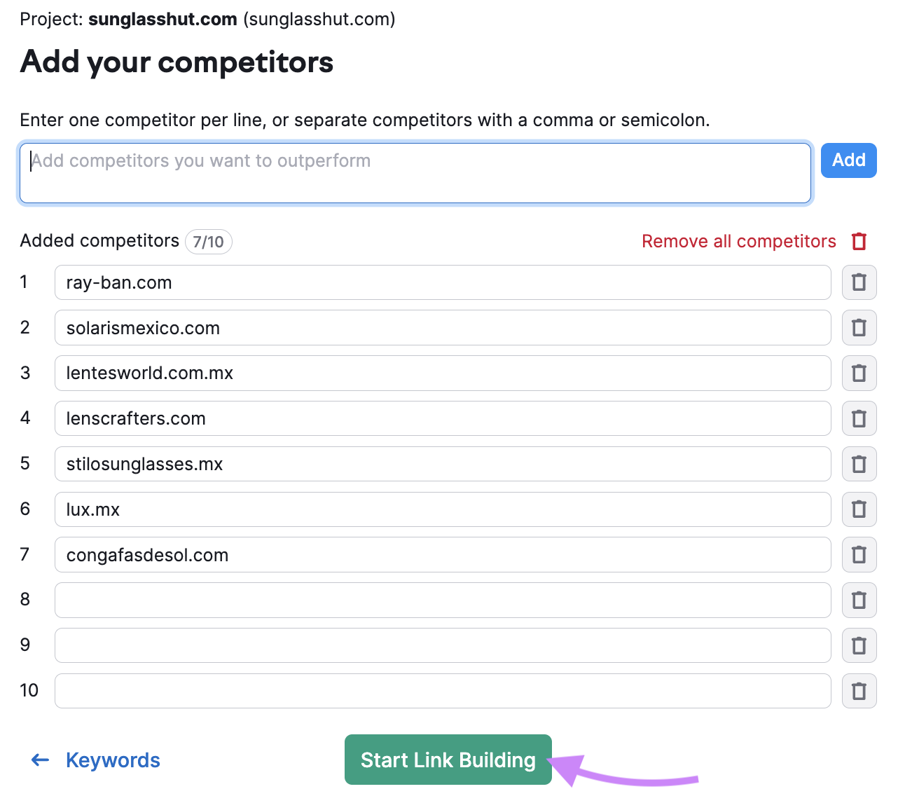 "Add your competitors" page in Link Building Tool