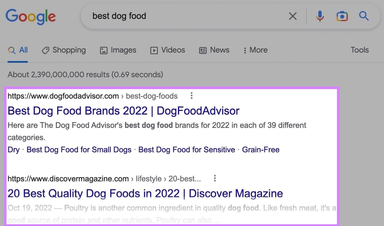 Google's search results for "best dog food"