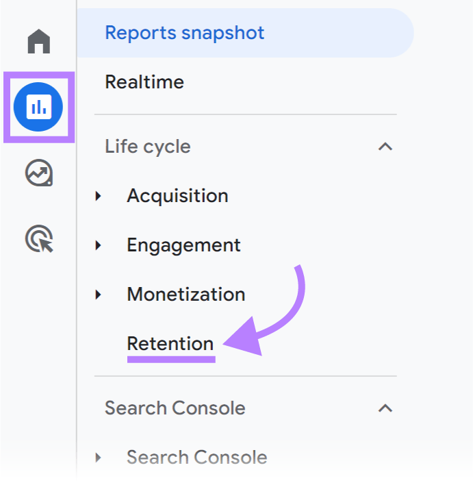 Navigating to “Retention” under Reports in GA4 dashboard