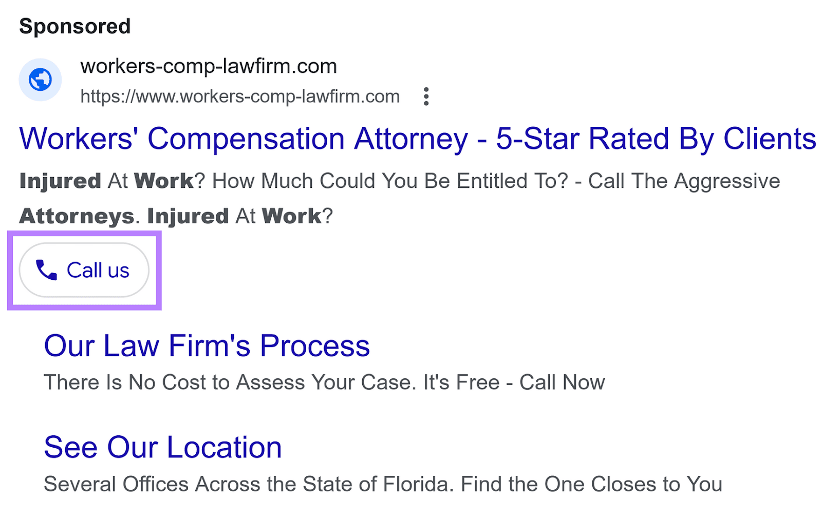 An ad on Google SERP with a "Call us" button link displayed
