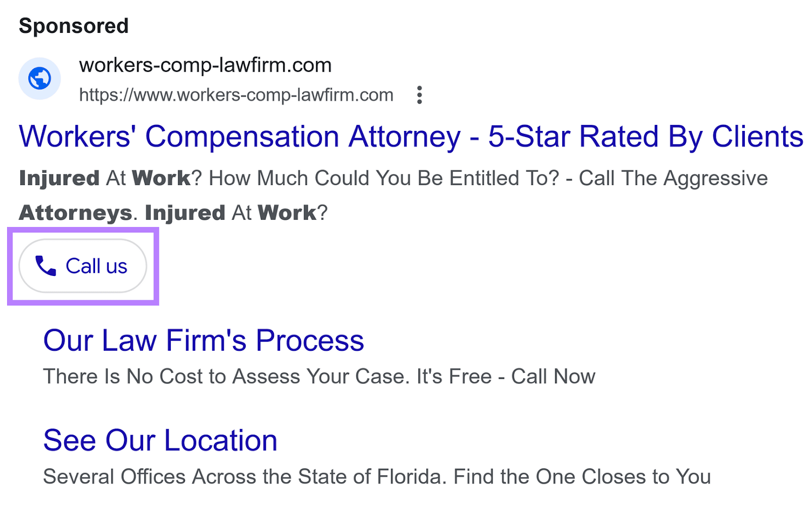 An advertisement  connected  Google SERP with a "Call us" fastener  nexus  displayed
