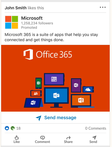 LinkedIn click-to-message-ad by Microsoft for Office 365