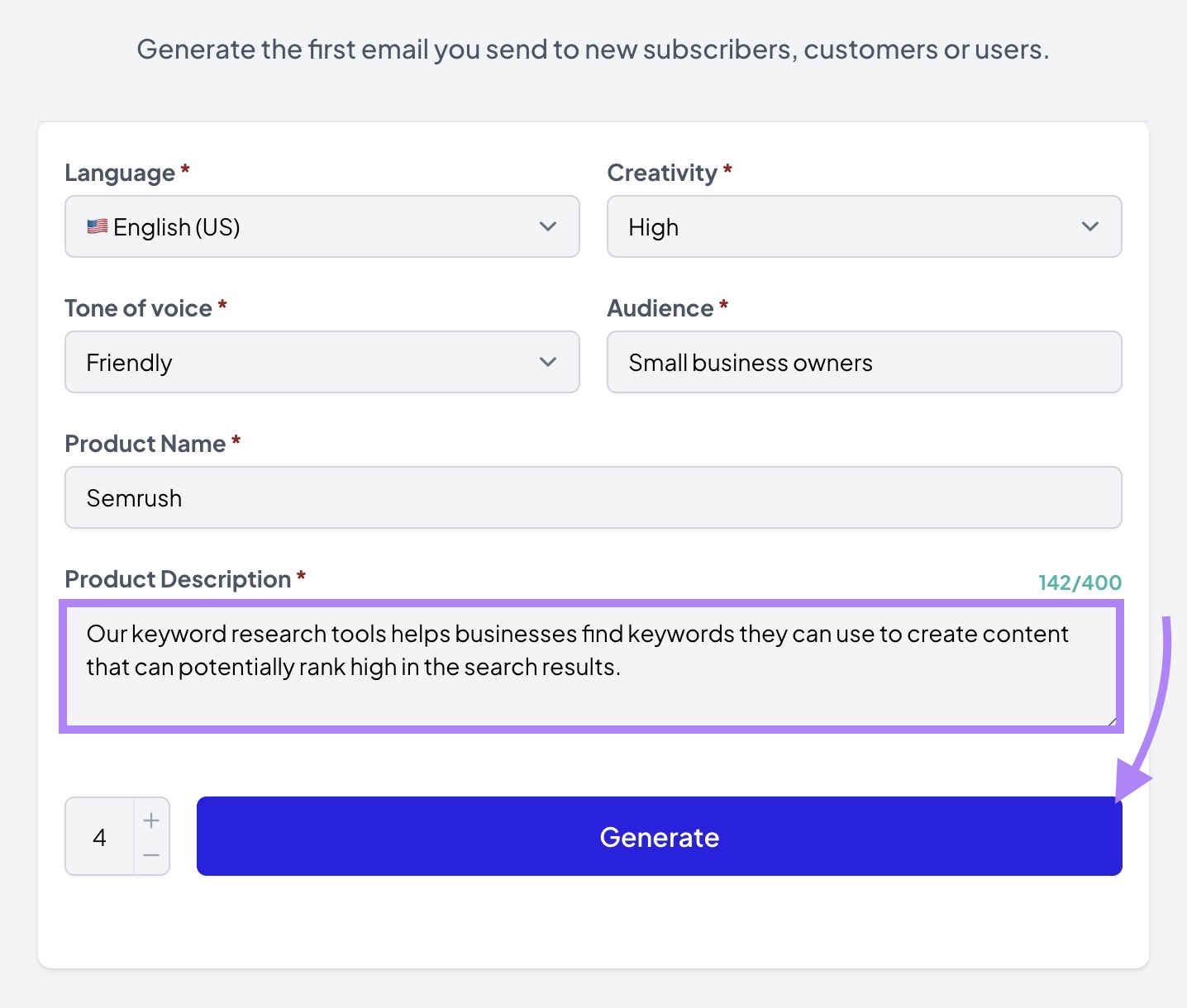 Input boxes to generate a welcome email on AI Writing Assistant including language, audience, ،uct name, description, etc.