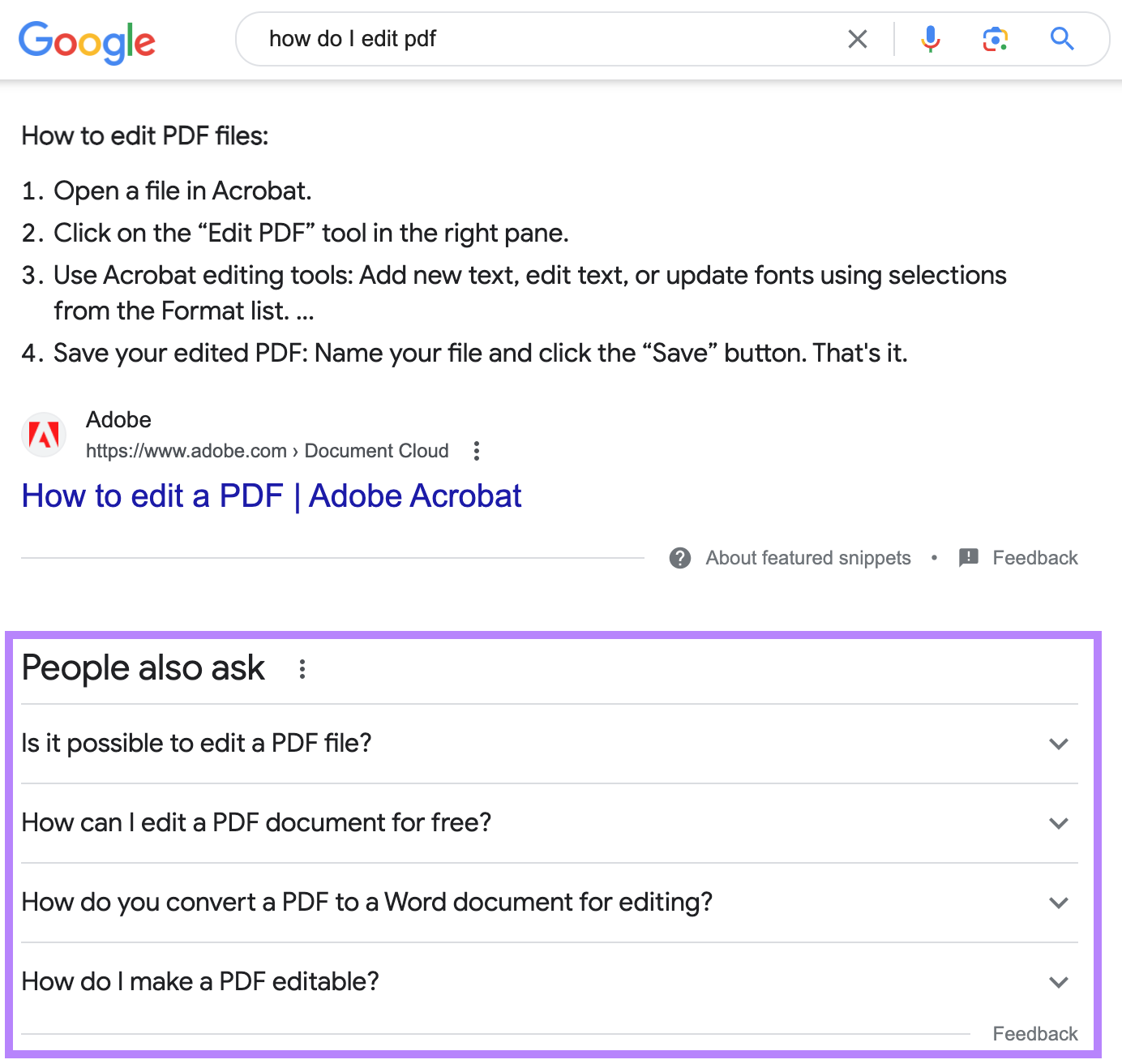 an example of "People also ask" block in Google SERP for "how do i edit pdf"