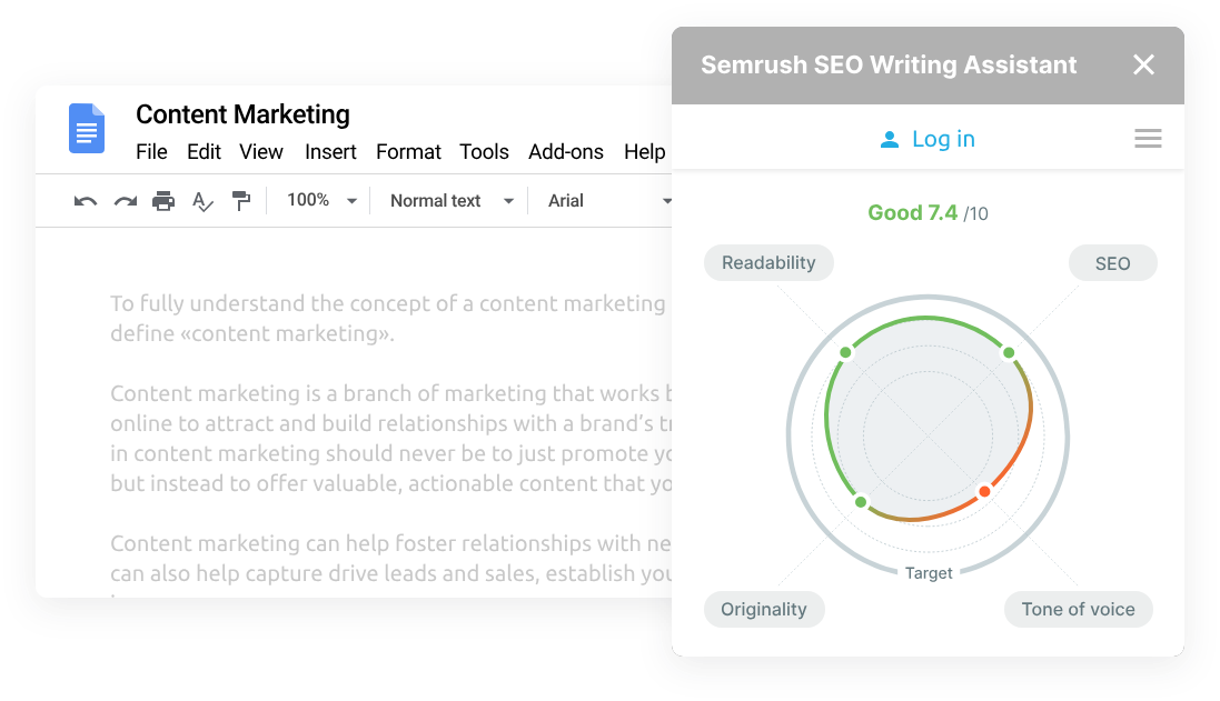 SEO Writing Assistant's content score (Good 7.4/10) section