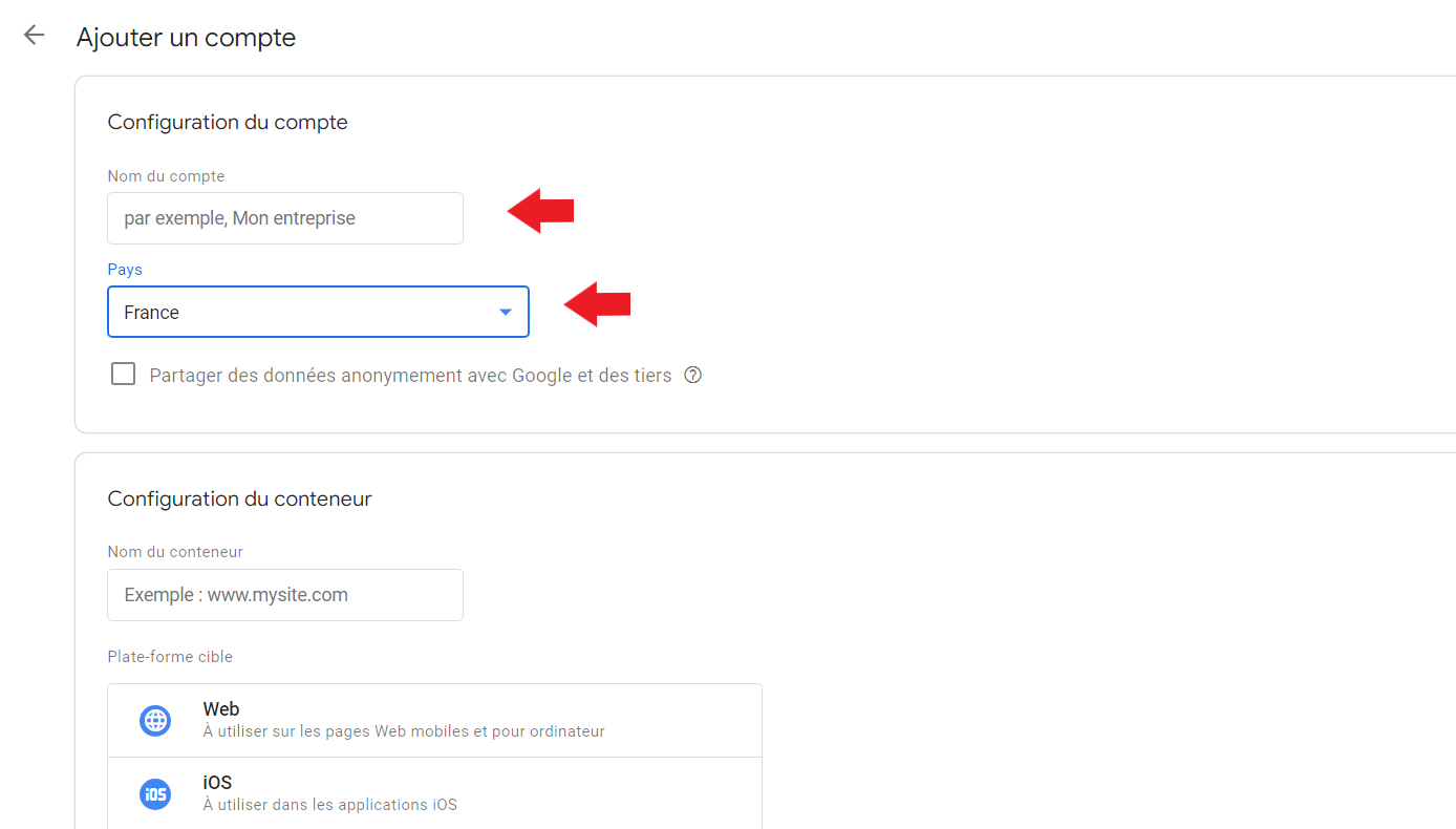 Nom du compte et pays dans la configuration d'un compte GTM