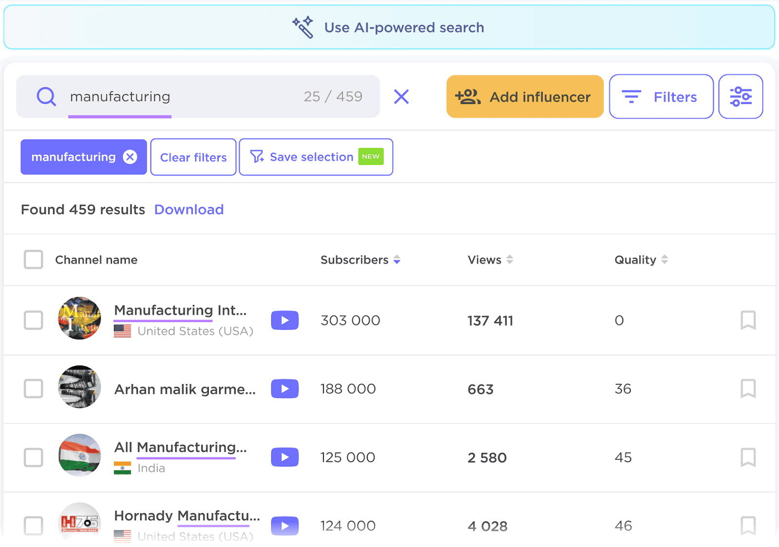 Influencer Analytics hunt  interface showing YouTube channels related to manufacturing, including filters, hunt  results.