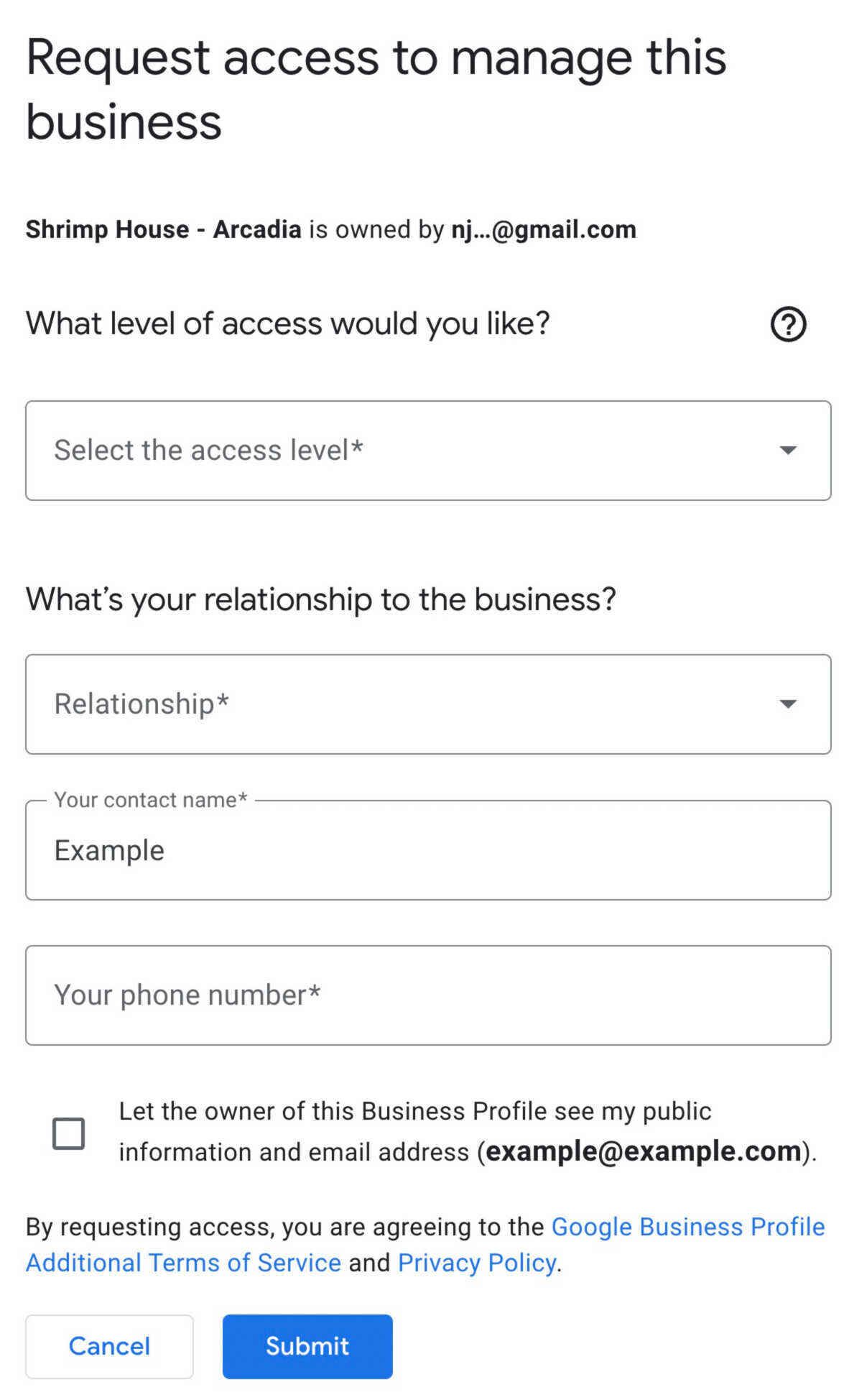 Request access to a business