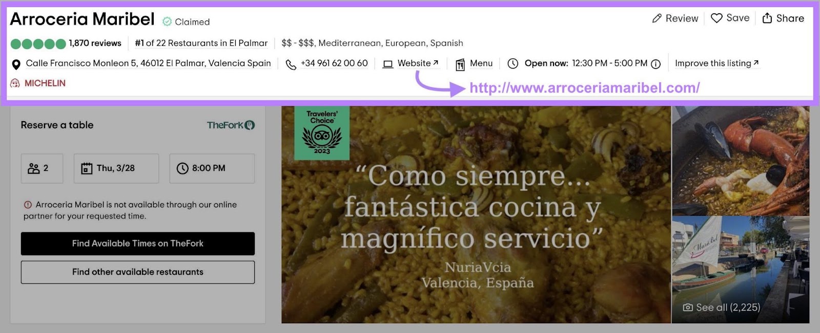 Tripadvisor listing for Spanish restaurant Arroceria Maribel, with s backlink to its website