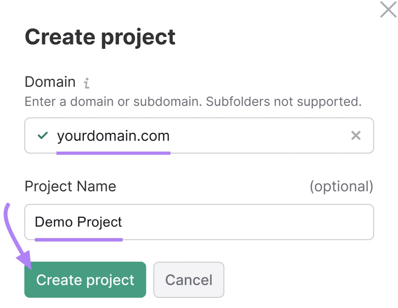Creating a social toolkit project for yourdomain.com and naming it 'Demo Project'