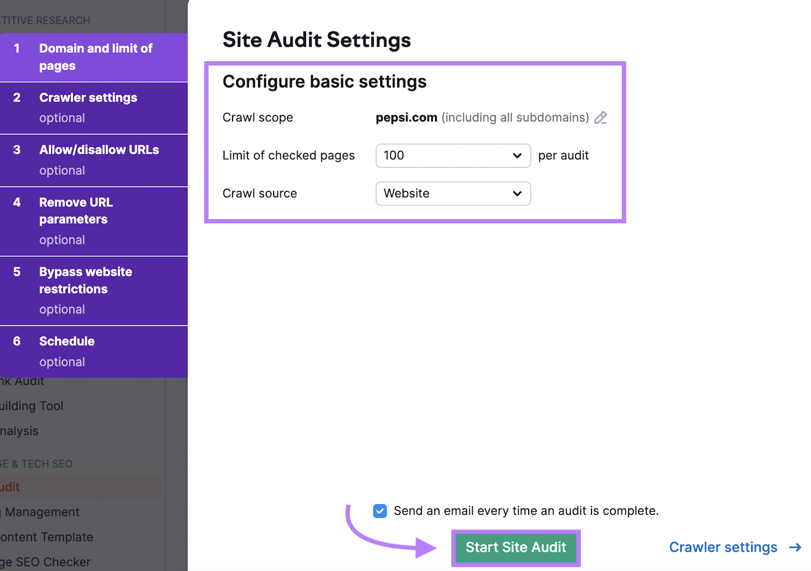 “Site Audit Settings” pop-up window