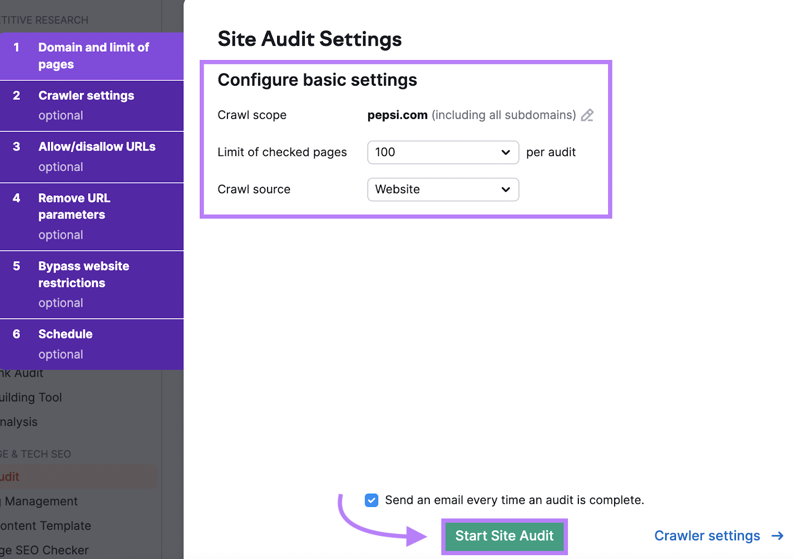 “Ventana emergente de Configuración de la Auditoría del Sitio