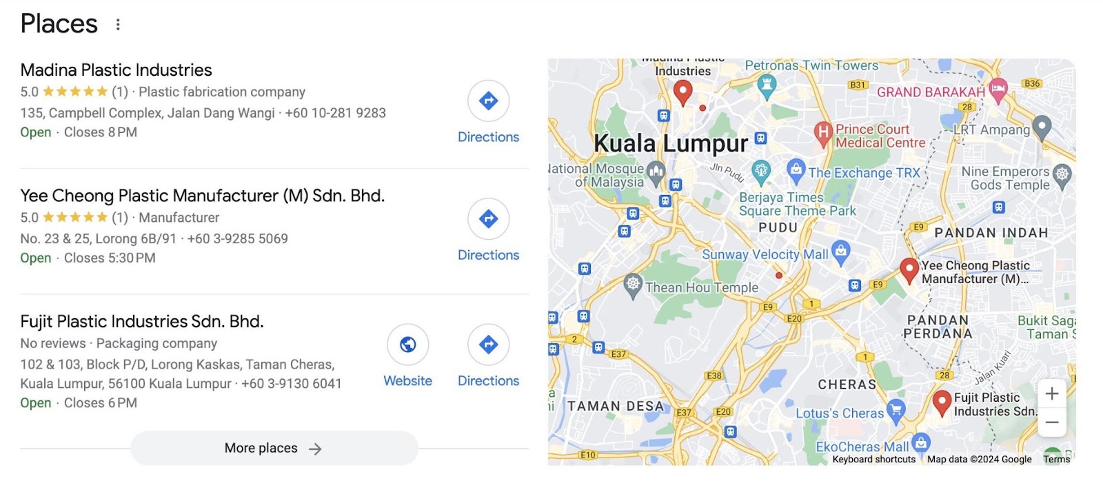 Google SERP showing the local map pack for the term "plastic manufacturer kuala lumpur".