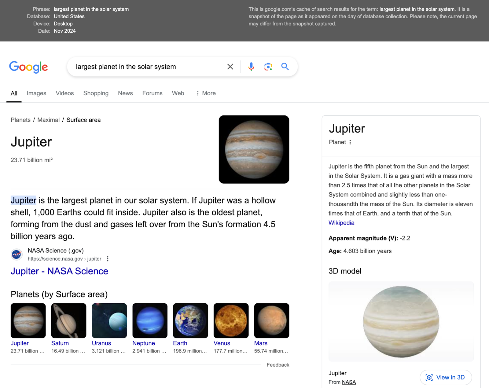 SERP shows featured snippet and more