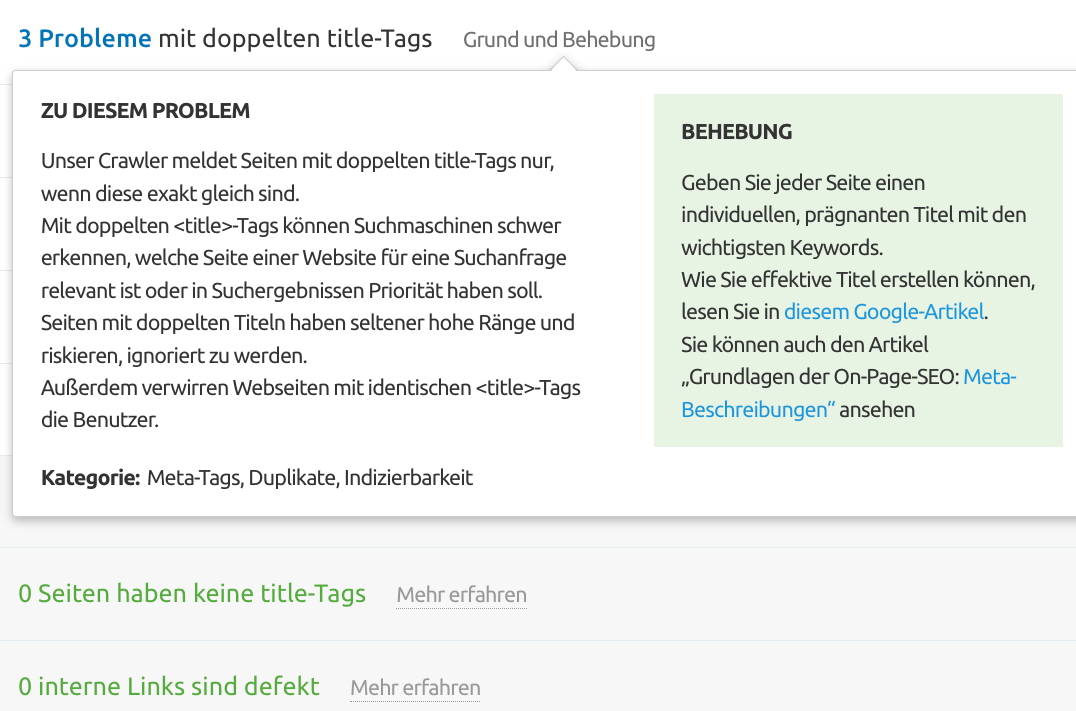 Semrush Site Audit Problem und Behebung