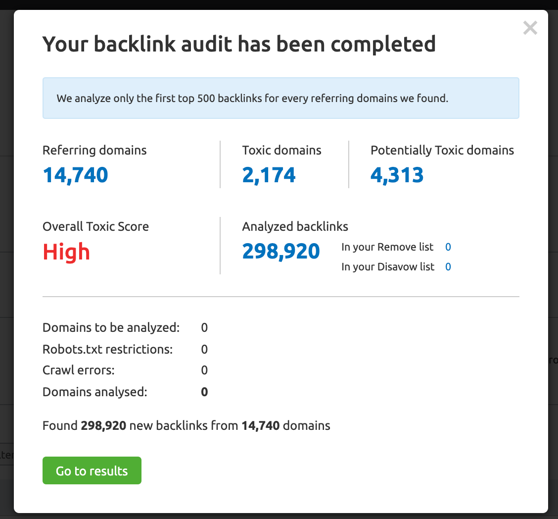 Capture d'écran des résultats de l'outil d'audit de backlink