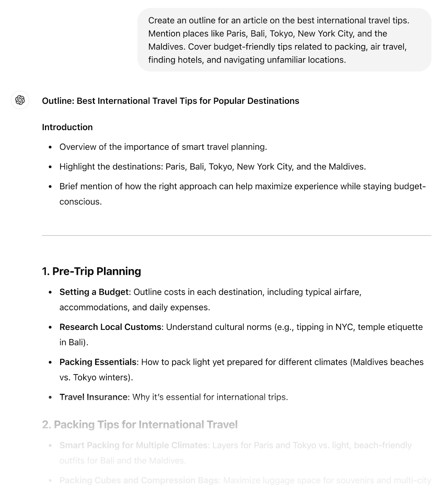 outline generated by ChatGPT entitled "Best International Travel Tips for Popular Destinations"