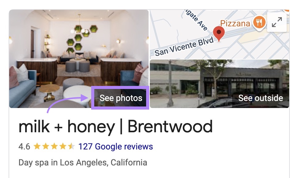 A GBP listing with the "See photos" button highlighted at the bottom-right corner of the cover photo.