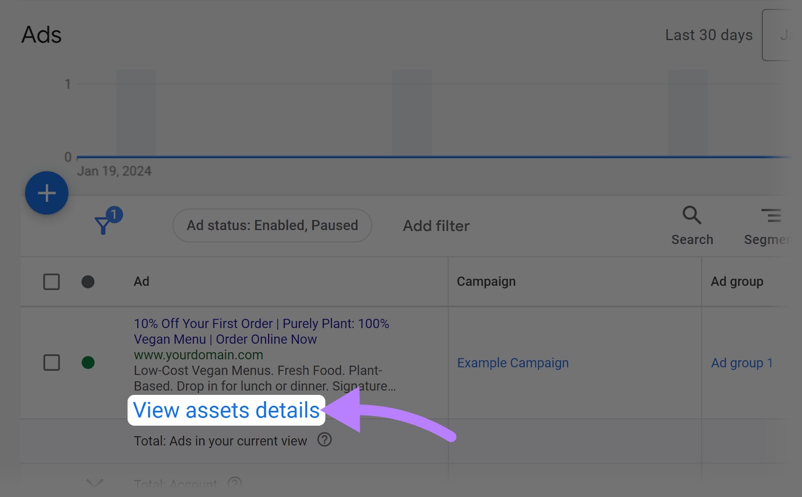 “View assets details” link highlighted under the "Ads" table