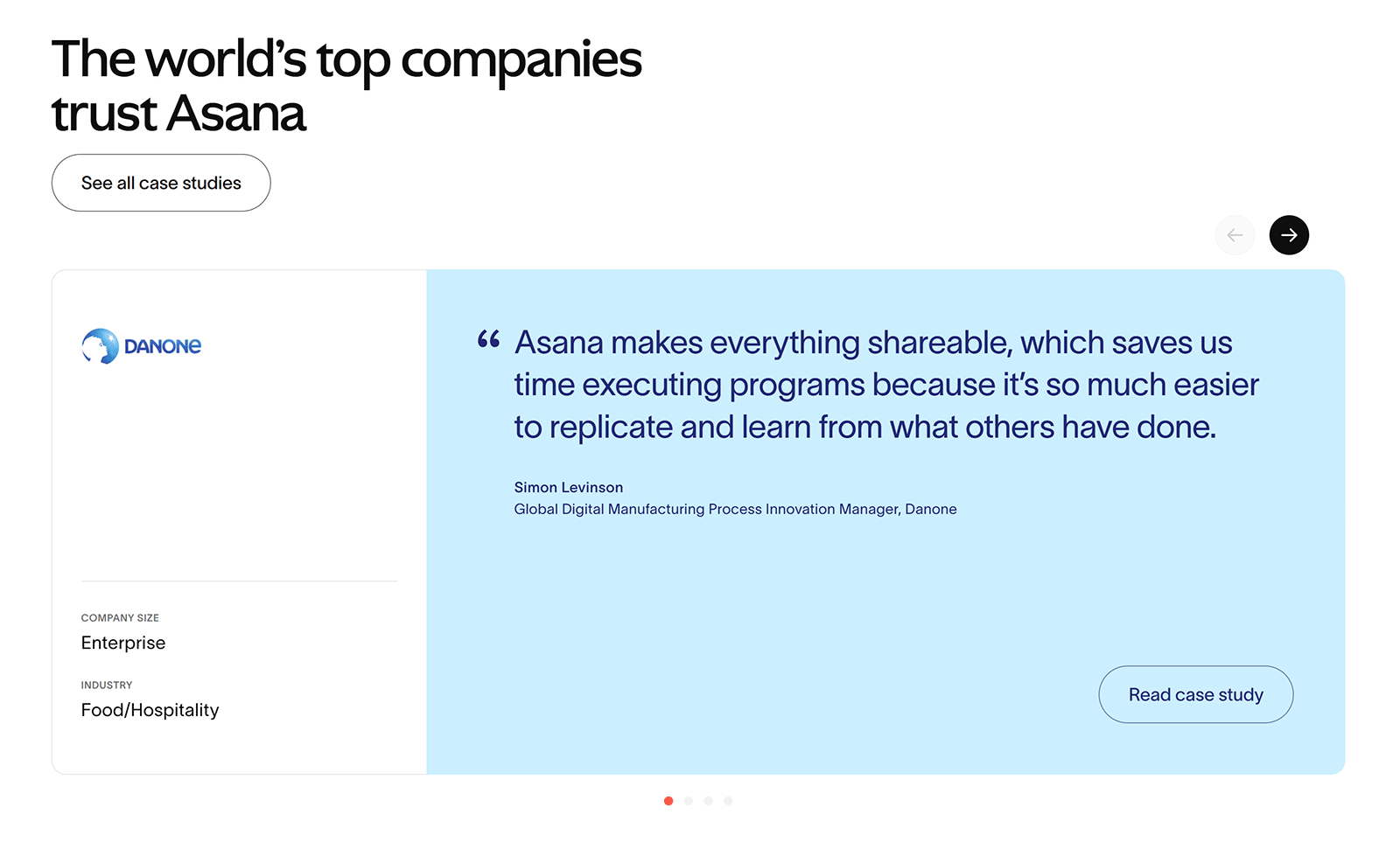 Case Studies section showing Testimonial from Danone's Simon Levinson on how Asana improves collaboration and program execution