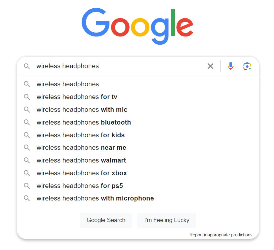 Google's suggestions when typing "wireless headphones" into the search bar