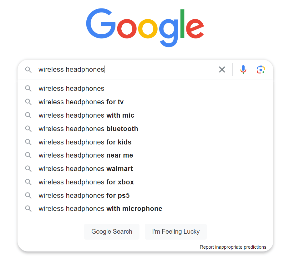 Google's suggestions erstwhile   typing "wireless headphones" into the hunt  bar