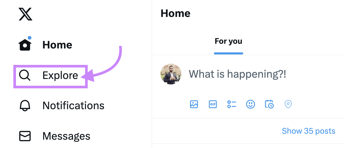 “Explore” tab on the left sidebar of Twitter