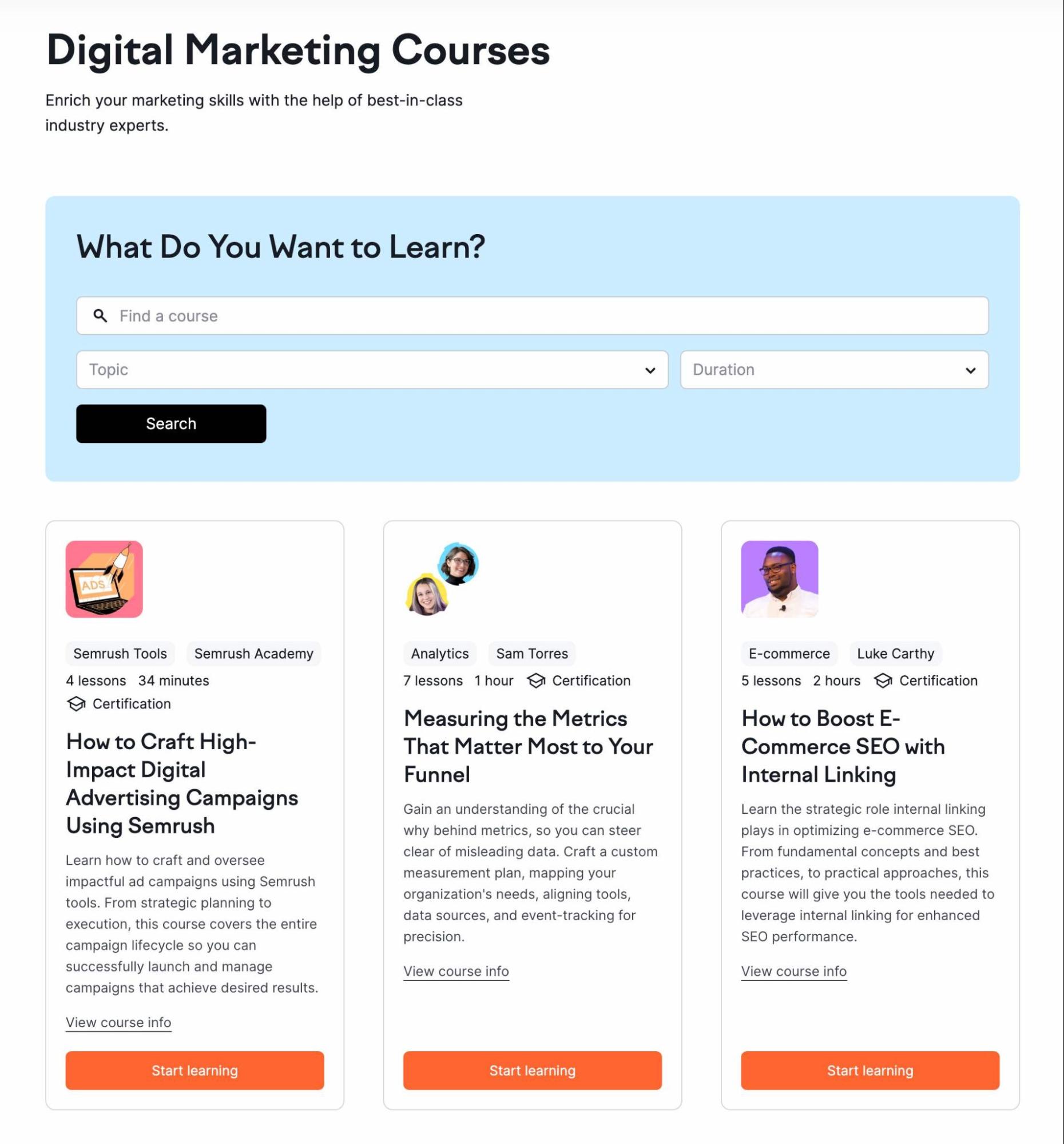 Semrush Digital Marketing Courses landing page
