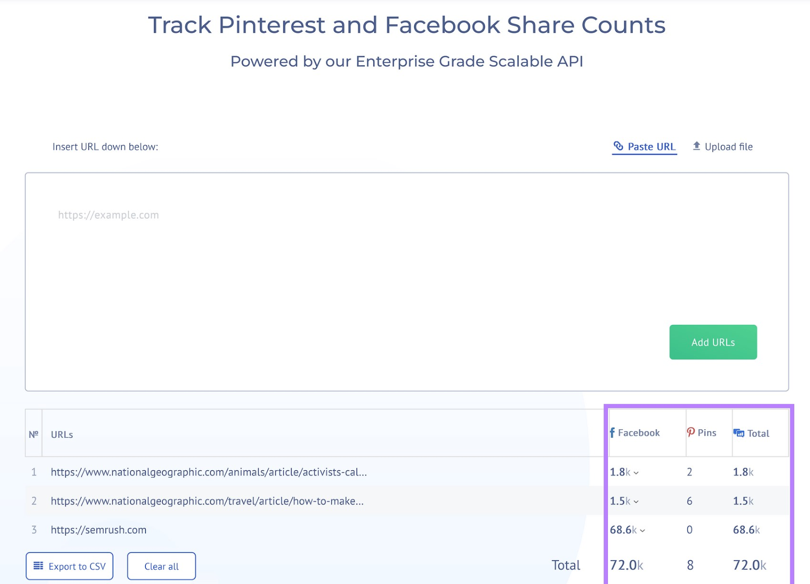 SharedCount "Track Pinterest and Facebook Share Counts" page