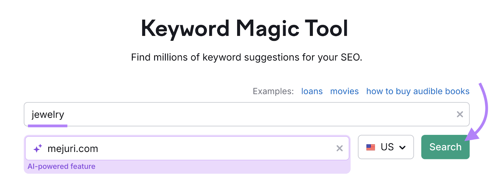 keyword and domain entered into Keyword Magic Tool